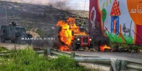 احتراق دورية لجيش الاحتلال بزجاجة حارقة في مواجهات البيرة 