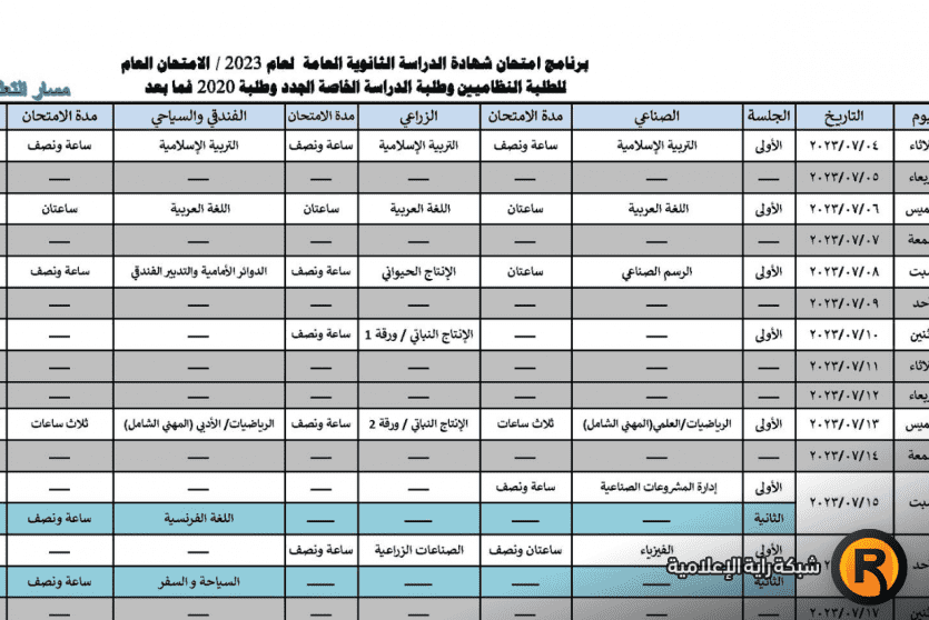 جدول امتحانات الثانوية العامة التوجيهي 2023 في الأردن