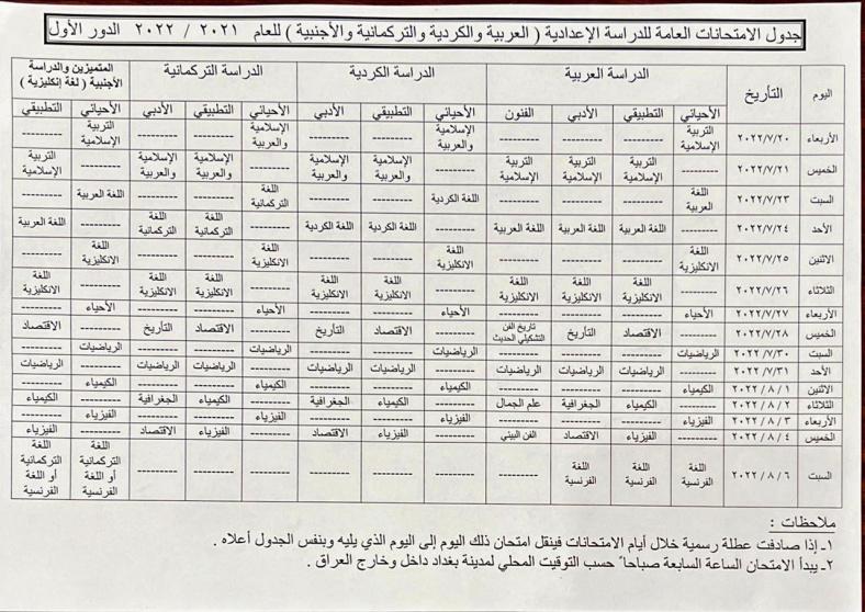 جدول امتحانات الدور الأول للدراسة الإعدادية 2022 في العراق