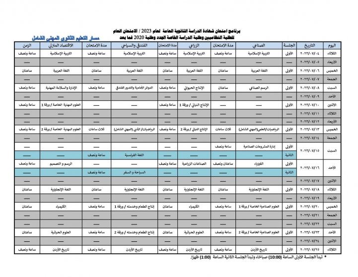 جدول امتحانات الثانوية العامة التوجيهي 2023 في الأردن